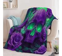 Purple Rose Butterfly Skull Green Eyes Print Blanket and Throws, Cartoon Art Throw Blanket Soft Cozy Plush Warm Flannel Bedding No Shed for Girls Kids Adults Bed Couch Travel 38 x 51 inch