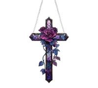 Purple Rose Cross Sun catcher Hanging Decor,2D Flat Acrylic Stained Glass Flower Cross Sun catcher, Purple Cross Window Hanging Decorations,for Easter Christian Home Decor,Unique Gift for Faith