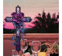 Purple Rose Cross Sun catcher Hanging Decor, 2D Flat Stained Acrylic Window Hanging Christian Ornaments, Waterproof Sun Catcher Ornament for Christmas Tree Home Garden Décor