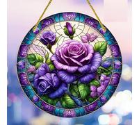 Purple Rose Flower Leaf Stained Windows Hanging Suncatcher,Flower Stained Glass Suncatchers Window Ornament Stained Glass Panel Sun Catcher Wall Hanging Decor Birthday Gifts