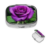 Purple Rose Flower Square Metal Pill Box 2 Compartment Cute Travel Pill Organizer Case Portable Medicine Vitamin Organizer Pill Case for Women Men Travel Unique Gift