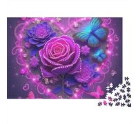 Purple Rose Heart Shape 1000 Piece Jigsaw Puzzle Jigsaw Puzzle for Adults Butterfly Pattern Relaxing Paper Puzzle Gift for Home Decoration 38x26cm/1000pcs