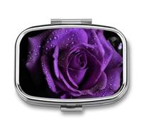 Purple Rose Pill Organizer Container for Travel, Metal 2 Compartment Square Pill Case, Portable Mini Medicine Box Pill Storage Case for Purse Pocket, Supplement Storage