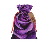 Purple Rose Printed Christmas Drawstring Bags for Xmas Gift Wrapping, Red Christmas Ribbon, S