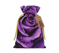 Purple Rose Printed Christmas Drawstring Bags for Xmas Gift Wrapping, Yellow Christmas Ribbon, M