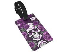 Purple Rose Skeleton Printed Small Luggage Tags Portable Bag ID Holders with Adjustable Strap for Travel Gear