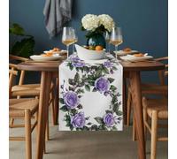 Purple Rose Table Runner 18x72 inch Spring Green Floral Leaf Wreath Flower Hand-painted Style Cotton Linen Dining Table Runner Ideal for Dresser Kitchen Coffee Tables - Machine Washable