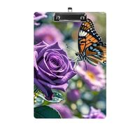 Purple Rose with Beautiful Butterfly Acrylic Clipboard A4, Durable Smooth Writing Board with Metal Clip, Portable Wall Mountable Document Clip Board for Office Classroom Nurses and Teachers