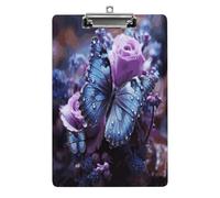 Purple Rose with Beautiful Butterfly on It Clipboard Colorful Sturdy Acrylic Clipboard Decorative Clip Board with Metal Clip Cute Plastic Clipboards A4 for Nurses Office（Standard Size 8.5" X 12.5"）