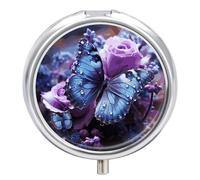 Purple Rose with Beautiful Butterfly on It Pill Box 3-Compartment Medicine Pill Case Portable Round Pill Box Pill Container Holder to Hold Vitamins Decorative Metal Medicine Organizer