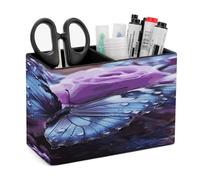 Purple Rose with Beautiful Butterfly on It PU Leather Pen Holder for Desk Double Compartments.Multi-Functional Pencil Holder for Office Cosmetics Gifts. Remote Control Holder 4.3*2.8*5.9 In.