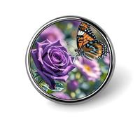 Purple Rose with Beautiful Butterfly Round Badge Pin, 1 Inch Durable Non-Fading Lapel Pin, Versatile Metal Button Badges, Lightweight Decorative Brooch for Clothing Accessories Personalized Gifts