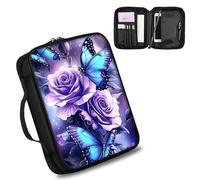 Purple Roses Blue Butterflies Bible Cover for Women and Men Carrying Book Case Church Bag Bible Protective with Handle and Zippered Pocket Perfect Gifts for Church Religious