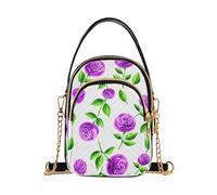 Purple Roses Leaves White Shoulder Purse for Women Quilted Chain Strap Phone Wallet Handbag Cute Ladies Crossbody Satchel Bag