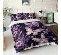 Purple Roses Quilt Cover Duvet Cover 3D Print Elegant Beautiful Butterflies Comforter Covers for Teens And Adults with Zipper Closure Soft Microfiber with Pillow Cases Bedding Set 3 Pieces Double(2