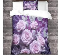 Purple Roses Quilt Cover Duvet Cover 3D Print Elegant Butterfly Comforter Covers for Teens And Adults with Zipper Closure Soft Microfiber with Pillow Cases Bedding Set 3 Pieces Single(135x200cm)
