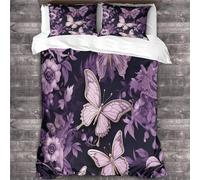 Purple Roses Quilt Cover for Boys Girls Comforter Covers 3D Print Elegant Beautiful Butterflies Duvet Cover with Pillow Cases with Zipper Closure Soft Microfiber Bedding Set 3 Pieces King(220x240cm