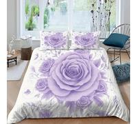 Purple Roses Single Duvet Cover Set Plants Bedding Set 3D Print Soft Microfiber Quilt Covers 135x200 cm with Zipper Closure and 2 Pillowcases 50x75 cm for Teens J.2762