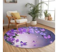 Purple Round Area Rugs for Living Room - Soft Flanell Material, Plant Orchid Butterfly Reflection Printed Easy Care Low Pile Carpet, 100 cm Washable Non Slip Circle Rug for Dining Room Lounge Kitchen