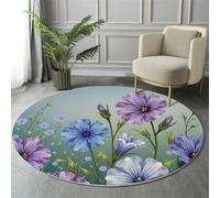 Purple Round Area Rugs for Living Room, Soft Flannel Material, Flowers Green Leaves Printed Easy Care Low Pile Watercolor Nature Carpet, Non Slip Circle Rug for Dining Room Kitchen 100cm