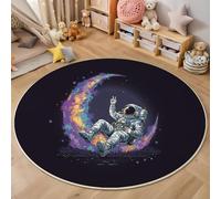 Purple Round Rug 100cm, Machine Washable & Non-Slip Low Pile Space Childlike Fun Circle Carpet, Soft Astronaut Moon Area Rugs for Bedroom Nursery Kitchen Dinning Room Entryway