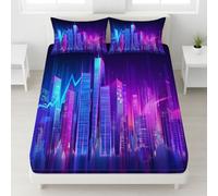 Purple Shrinkage Bedding Neon City Symbols Data Stream Deep Pocket Fitted Sheet Punk Easy Care Futuristic Technological Bustling Fitted Sheet 90 x 190 x 30 Adults