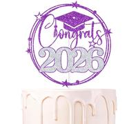 Purple & Silver Glitter Congrats 2026 Cake Topper, Congrats Grad/Congratulations 2026, 2026 Graduation Party Decorations Supplies for Graduate