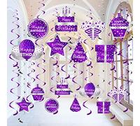 Purple Silver Happy Birthday Decorations Hanging Swirls Party Supplies, 16Pcs Happy Birthday Foil Swirl Decor for Women Girls, 10th 16th 18th 21st 30th 40th 50th 60th Ceiling Swirl