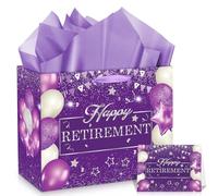 Purple Silver Retirement Gift Bag with Tissue Paper and Greeting Card, 11.8'' Happy Retirement Wrapping Paper Retired Wrap Bag for Women Farewell Party Decorations Goodie Bag Presents Decor Supplies