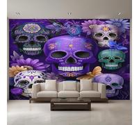 Purple Skull Photo Wallpaper, Day of The Dead Sugar Skull Wallpaper Mural, 390x260cm Wall Paper for Bedroom Living Room, Non-Woven Wall Mural Room Decor EL&D54