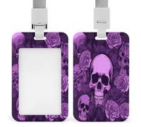 Purple Skulls and Roses ID Badge Holder Waterproof Card Protector Push-Pull Slot Work ID Card Holder with Lanyard Personalized Detachable Card Holders for Office Corporate Use