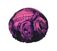 Purple Skulls And Roses Printed Double-Layer Shower Cap, Reusable Shower Cap, Suitable For Various Hair Lengths