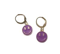 Purple Smiley Face Drop Earrings, Gold-Tone Leverback, Retro Style