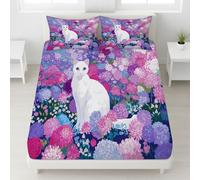 Purple Soft Bedding White Cat Flower Field Colourful Life Fitted Sheet Dreamy Artistic 360° Fully Enclosed Fitted Sheet Illustration Cartoon for Cold Washable Girls & Boys, 120 x 190 x 30