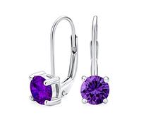 Purple Solitaire Round Brilliant Cut Cubic Zirconia CZ Lever back Drop Earrings Simulated Amethyst Sterling Silver