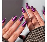 Purple Sparkling Press on Nails Medium Almond Fake Nails Glitter Dark Purple False Nails with Glittering Design Stick on Nails for Women Girls Simple Manicure Decoration 30 Pcs