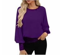 Purple Sparkly Tops for Women UK Solid Color Tshirts Crew Neck Sequin Trim Long Sleeve Ladies Party Tops - Casual Daily & Office Blouse Evening Loose Fit Tunic Lightweight Tees