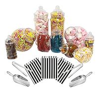 Purple Square 10 Mixed Jar Retro Pick & Mix Victorian Sweet Shop Candy Buffet Kit Party Pack with Scoops, Tongs & Bags - Black Stripe Bags