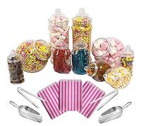 Purple Square 10 Mixed Jar Retro Pick & Mix Victorian Sweet Shop Candy Buffet Kit Party Pack with Scoops, Tongs & Bags - Pink Stripe Bags