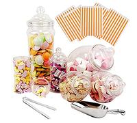Purple Square 6 Jar Retro Pick & Mix Victorian Sweet Shop Candy Buffet Kit Party Pack with Scoop, Tongs & Bags - Orange Stripe