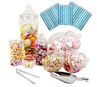 Purple Square 6 Jar Retro Pick & Mix Victorian Sweet Shop Candy Buffet Kit Party Pack with Scoop, Tongs & Bags - Light Blue Stripe