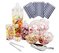 Purple Square 6 Jar Retro Pick & Mix Victorian Sweet Shop Candy Buffet Kit Party Pack with Scoop, Tongs & Bags - Dark Blue Stripe