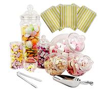 Purple Square 6 Jar Retro Pick & Mix Victorian Sweet Shop Candy Buffet Kit Party Pack with Scoop, Tongs & Bags - Yellow Stripe