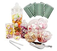 Purple Square 6 Jar Retro Pick & Mix Victorian Sweet Shop Candy Buffet Kit Party Pack with Scoop, Tongs & Bags - Green Stripe