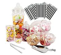 Purple Square 6 Jar Retro Pick & Mix Victorian Sweet Shop Candy Buffet Kit Party Pack with Scoop, Tongs & Bags - Black Stripe