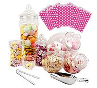 Purple Square 6 Jar Retro Pick & Mix Victorian Sweet Shop Candy Buffet Kit Party Pack with Tongs & Bags - Pink Polka