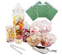 Purple Square 6 Jar Retro Pick & Mix Victorian Sweet Shop Candy Buffet Kit Party Pack with Tongs & Bags - Green Polka