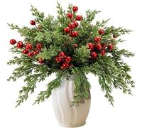 Purple Star 45Pcs Christmas Artificial Pine Branches with Red Berry Stems- 10.5inch Faux Evergreen Norfolk Pine Cypress Leaves Stems- Fake Foliage Needles Picks for DIY Craft Garland Home Decor