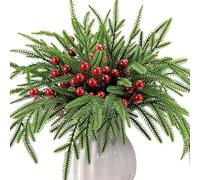 Purple Star 45Pcs Small Christmas Norfolk Pine Branches with Red Berry Stems- 14inch Artificial Greenery Norfolk Pine Stems Sprigs- Fake Foliage Needles Picks for DIY Craft Garland Home Decoration