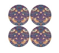 Purple Strawberry Thief Glass Coaster Set - William Morris Artwork Gifts - Set of Four (4) Round Drinks Coasters
